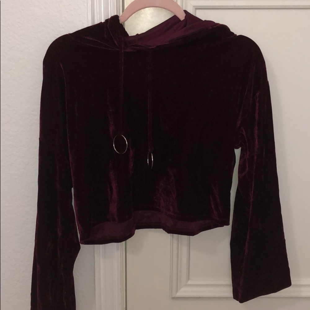 Maroon Velvet Cropped Hoodie